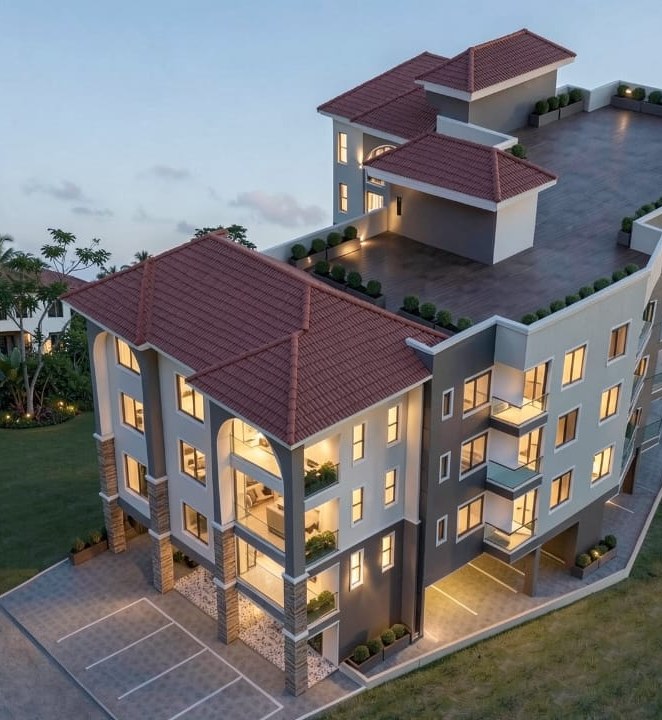 Visualisation of a four-storey apartment block at dusk